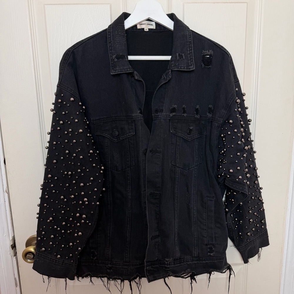Black Studded Denim Bomber Jacket - Women - Picture 5 of 8